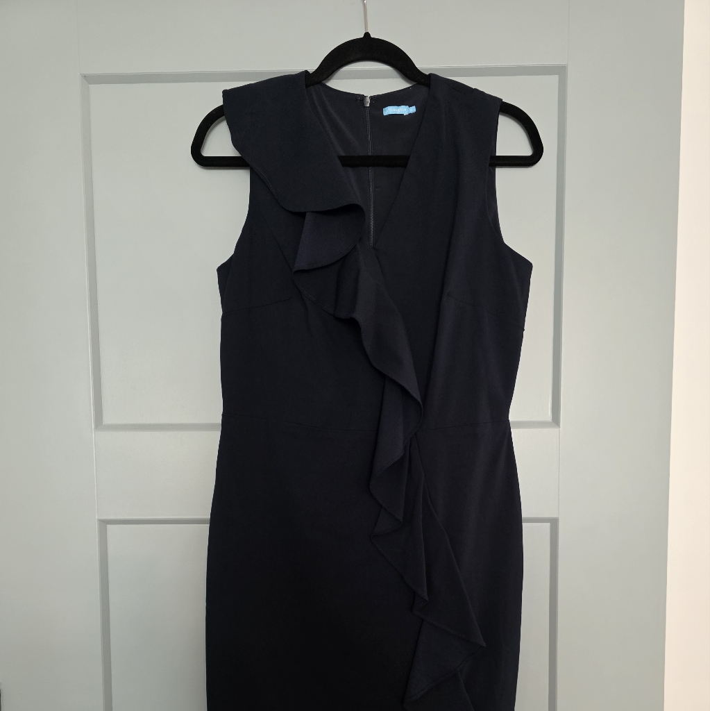 J. Mclaughlin Navy Ruffle Front Sheath Dress - Size 10 | Excellent Pre-Owned